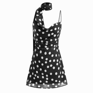 NWT CHIFFON COWL NECK POLKA DOT RUCHED MINI CAMI DRESS WITH SCARF (SZ 8)